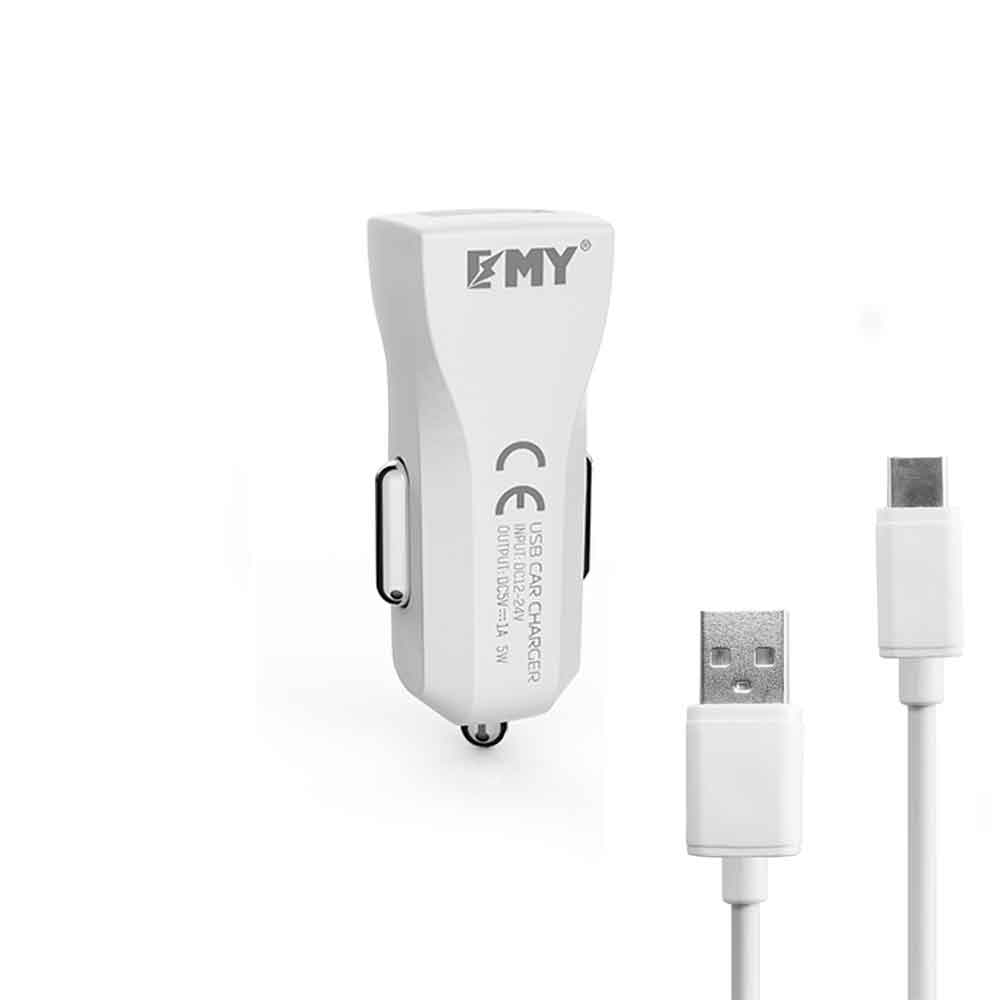 EMY, MY-110, 5V/1A, Universal Car socket charger , 1xUSB, with USB Type-C cable, White - 14851